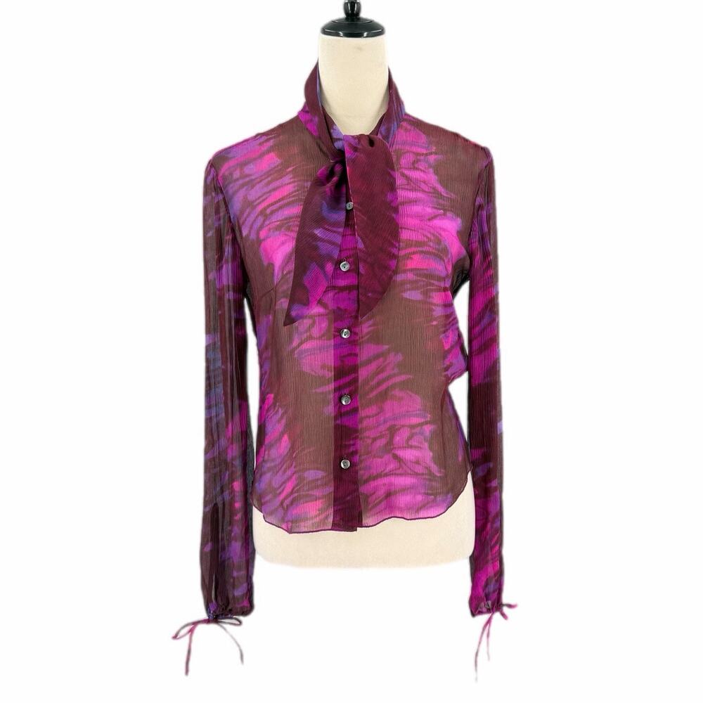 Kenneth Cole Purple Pink Abstract Streaks Silk Sheer Y2K Indie Work Blouse Top